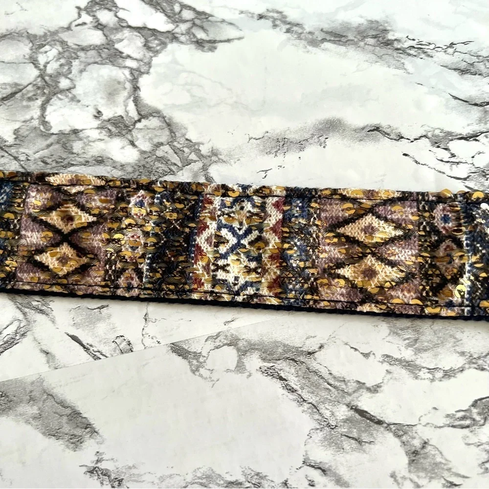 Belt Southwestern Aztec Print Fabric Gold Sequin Blue Brown M Concert Festival